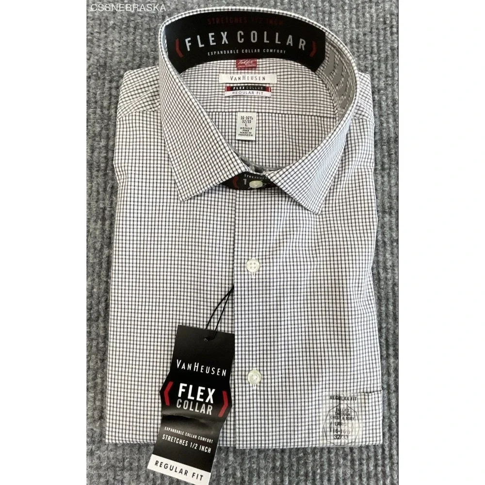 Van Heusen Men's Dress Shirt Flex Collar Regular Fit Black White Check NWT Sz L